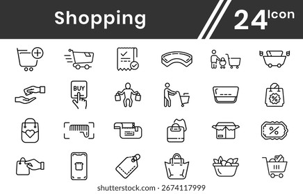 Conjunto de iconos de línea de compras para archivo editable de Web. Carrito de compras, entrega, que contiene compras, comercio electrónico, tienda, descuento, cartera, mensajería y más. Ilustración vectorial