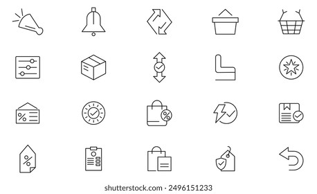 Shopping line icon set.Online shopping, E-Commerce, discount, gifts, shop, delivery, marketing, store, money, price, cashback, and card payment Outline icon collection. UI thin icons pack