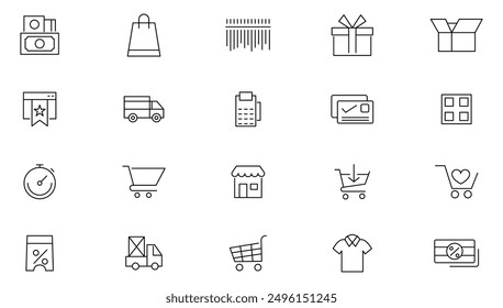 Shopping line icon set.Online shopping, E-Commerce, discount, gifts, shop, delivery, marketing, store, money, price, cashback, and card payment Outline icon collection. UI thin icons pack