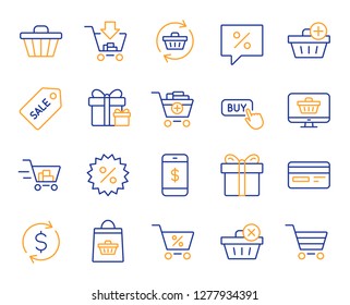 Shopping line icons. Gift box, Present coupon and Sale offer tag signs. Shopping cart, surprise gift and Delivery symbols. Speech bubble, Discount tag coupon , Credit card. Online sale. Vector