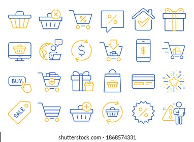 Shopping line icons. Gift box, Present coupon and Sale offer tag signs. Shopping cart, surprise gift and Delivery symbols. Speech bubble, Discount tag coupon , Credit card. Online sale. Vector