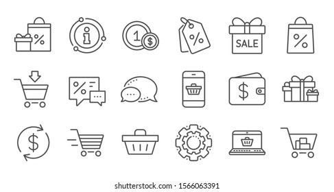 Shopping line icons. Gift, Percent sign and Sale discount. Delivery linear icon set. Quality line set. Vector