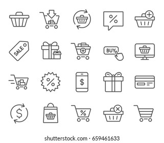 Shopping line icons. Gifts, Presents and Sale offer signs. Shopping cart, Tags and Delivery symbols. Speech bubble, Discount and Credit card. Online buying. Quality design elements. Editable stroke