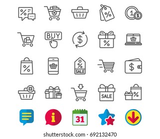 Shopping line icons. Gifts, Presents and Sale offer signs. Shopping cart, Delivery and Tags symbols. Speech bubble, Discount and Wallet. Online buying. Information, Calendar and Download signs