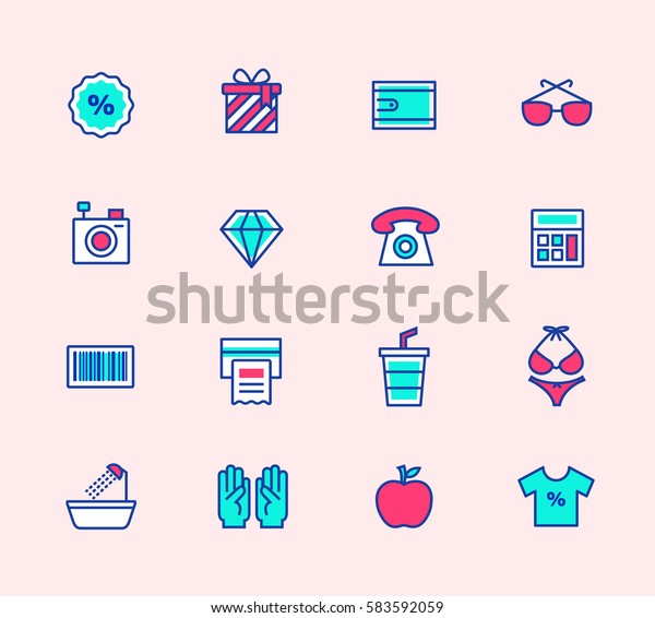 shopping line icons, Neon color, Symbols for\
mobile and web\
graphics