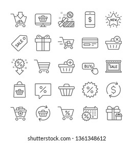 Shopping line icons. Present coupon, Gift box and Sale offer tag signs. Shopping cart, surprise gift and Delivery symbols. Speech bubble, Discount tag coupon , Credit card. Online sale. Vector