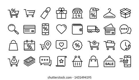 Shopping line icons. Present coupon, Gift box and Sale offer tag signs. Shopping cart, surprise gift and Delivery symbols. Speech bubble, Discount tag coupon , Credit card. Online sale
