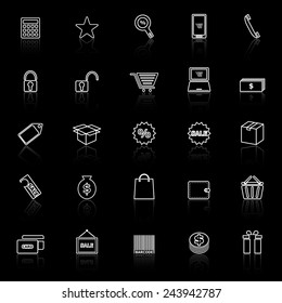 Shopping line icons with reflect on black background, stock vector