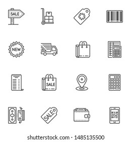 Shopping line icons set. linear style symbols collection, outline signs pack. vector graphics. Set includes icons as sale signboard, price tag, shopping bag, new collection label, calculator, money