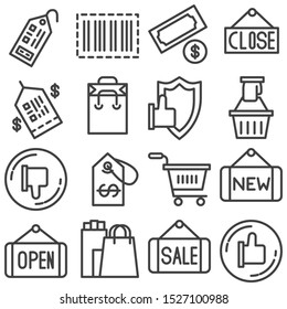 Shopping line icons set. linear style symbols collection, outline signs pack. vector graphics. Set includes icons as like feedback, price tag, shopping cart, ecommerce, security protection, barcode