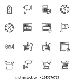 Shopping line icons set. linear style symbols collection, outline signs pack. vector graphics. Set includes icons as price tag, sale badge, shopping basket, money payment, store shop, percent discount