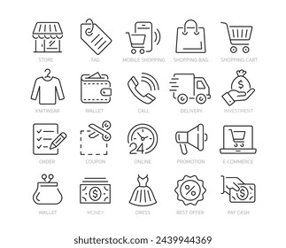 Shopping line icons set. Shopping malls outline icons collection. Shopping, store, online shop, delivery, marketing, store, money, price - stock vector.