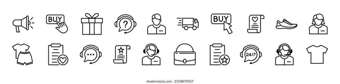 Shopping line icons set. Online shopping, e-commerce, promotion, gift, click buy, delivery, clothes, bag accesories, assistance, support icon collection for apps and websites. Vector illustration