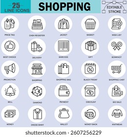 Shopping line Icons Set. Price Tag, Barcode, Gift, Sale, Delivery, and More for Web and App UI