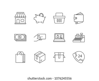 Shopping line icons set with supermarket,piggy bank, basket, wallet, money, credit card, online buy, cash register, bag, shipping box.