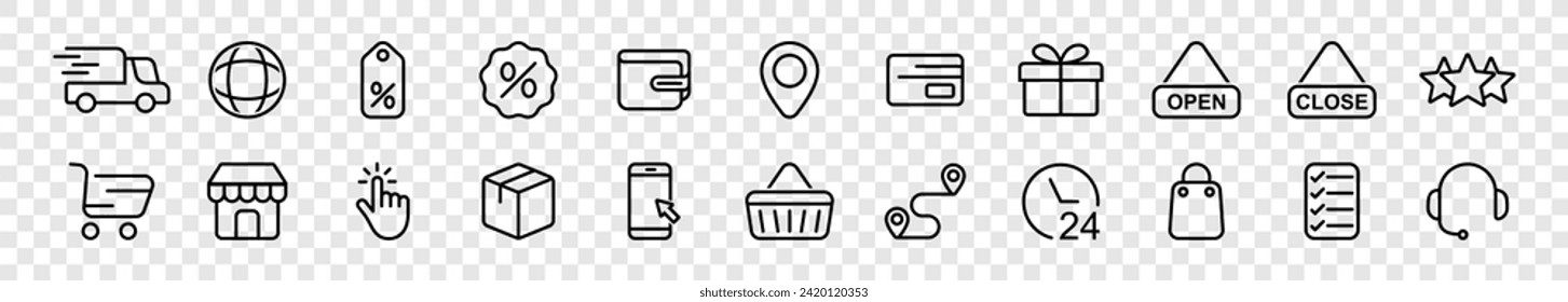 shopping line icons such as shopping bag, basket, discount, delivery, shop, location, payment, open, close, payment, wallet, package
