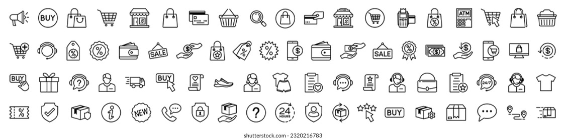 Shopping line icons vector set. Online shopping, e-commerce icon collection. Cart, shop, buy, sale, mobile, buttons, pay, discount, delivery and more icon for apps and websites, symbol illustration	