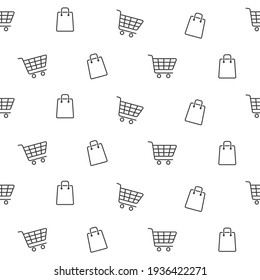 Shopping Line Seamless Pattern. Shopping Cart And Bag On White Background. E-commerce, Online Shop Background. Vector Illustration.