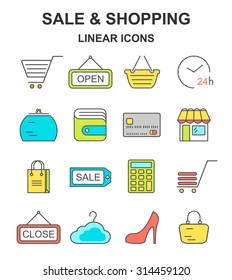 Shopping line style colored icons on white. Trendy linear style shopping icons set.