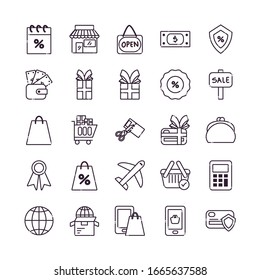 Diseño de conjunto de iconos de línea de compras Comercio tienda tienda de comercio minorista comprar banca pagada y consumismo tema Vector ilustración