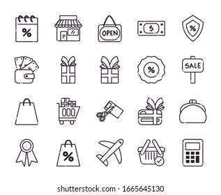 Shopping line style icon set design of Commerce market store shop retail buy paying banking and consumerism theme Vector illustration