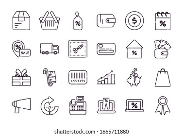 Shopping line style icon set design of Commerce market store shop retail buy paying banking and consumerism theme Vector illustration