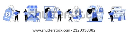 Shopping linear flat vector concept illustrations set. Online store, delivery of purchases to the buyer, discounts and coupons, sales, online store technical support around the world, product reviews.