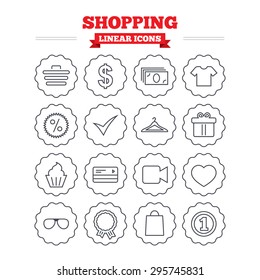 Shopping linear icons set. Shopping cart, dollar currency and cash money. Shirt clothes, gift box and hanger. Credit or debit card. Thin outline signs. Flat vector