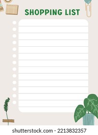 Shopping list A4 Lined Stationary Notepad with decorative plants. Template for bullet journal, planner, printable, agenda, schedule, checklist.