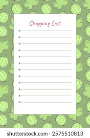 Shopping list. A4 vertical template with a place for notes on the background of a pattern with berries and gooseberry leaves