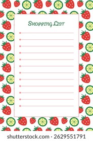 Shopping list. A4 vertical template with space for notes on a background with a pattern of strawberries and lime slices