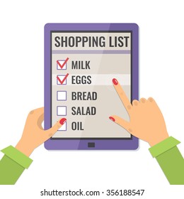 Shopping list. Application for shopping on tablet compute. Icon in flat style, vector illustration.