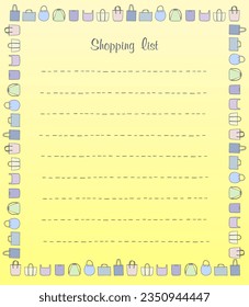 Shopping list blank mockup with shopper bags symbols frame, hand drawn vector illustration