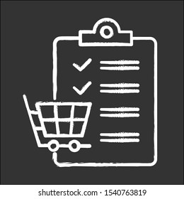 Shopping list chalk icon. Planning purchases in store. Adding products to trolley. Merchandise and consumerism. Checklist writing. Commerce, digital marketing. Isolated vector chalkboard illustration