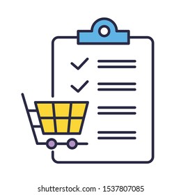 Shopping list color icon. Planning purchases in store. Adding products to trolley. Merchandise and consumerism. Checklist writing. Commerce and digital marketing. Isolated vector illustration