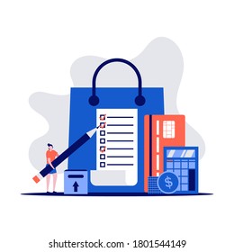 Shopping list concept with characters holding pencil. Customer with package, credit cards, buying goods. Modern vector illustration in flat style for landing page, mobile app, web banner, hero images.