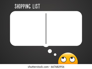 Shopping list with copy space for your own personal shopping reminder. Vector illustration concept with emoticon thinking about what he needs to buy at the store
