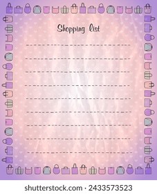 Shopping list empty blank mockup with doodle style shopper bags symbols frame