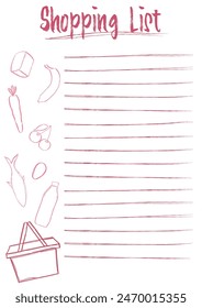 Lista de compras. Formulario de planificación de compras vacío. Lista de la compra personalizada con el sorteo a mano alzada, Vector