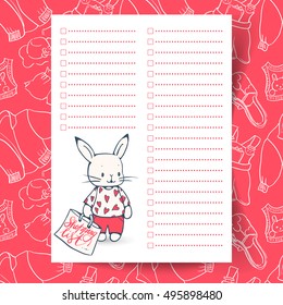 Shopping list with funny Bunny. The background contains seamless pattern with clothes.  Hand-drawn illustration. Vector.