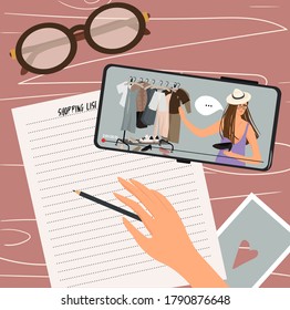 Shopping list. A girl watches a video clip of a fashion blogger on her smartphone and makes up her shopping list. Stylist tells something on video channel. Vector flat illustration in cartoon style.