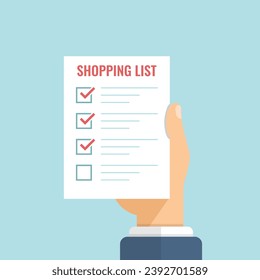 Shopping list in hand icon in flat style. Memo pages vector illustration on isolated background. Daily planner sign business concept.