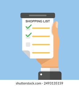 Shopping list in hand icon in flat style. Memo pages vector illustration on isolated background. Daily planner sign business concept.