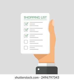 Shopping list in hand icon in flat style. Memo pages vector illustration on isolated background. Daily planner sign business concept.