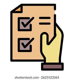 Shopping list in hand icon. Outline shopping list in hand vector icon color flat isolated