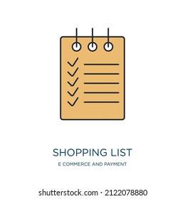 icono de lista de compras de comercio electrónico y cobro de pagos. Ligera lista de compras de contorno delgado, venta al por menor, compra de un ícono de color lineal compensado detallado aislado en el fondo blanco. Signo de lista de compras de vectores de línea, 