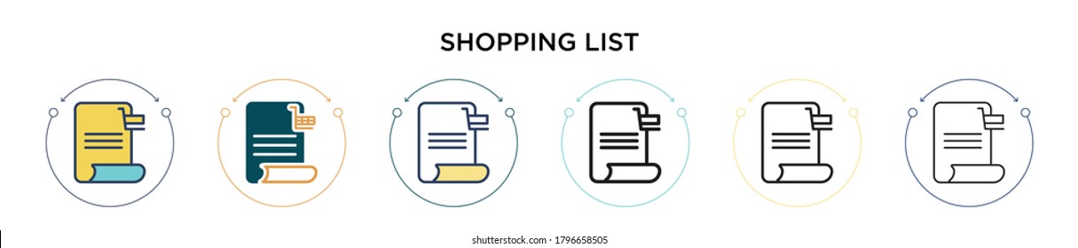 Icono de lista de compras en el estilo relleno, delgado, contorno y trazo. Ilustración vectorial de dos íconos vectores de lista de compras en color y negro se pueden utilizar para móviles, ui, web