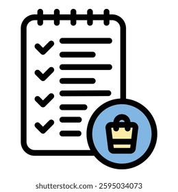 Shopping list icon in flat line style representing grocery planning budgeting and organization ideal for retail productivity and daily essentials concepts.