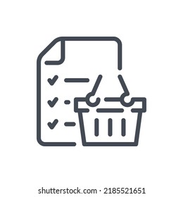 Icono de línea de lista de compras. Documento con la lista de verificación y el símbolo del contorno vectorial de la cesta de compras.