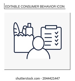 Shopping List Line Icon. Person With Detailed List Of Products. Grocery. Ready-made Food. Customer Behavior Concept. Isolated Vector Illustration. Editable Stroke